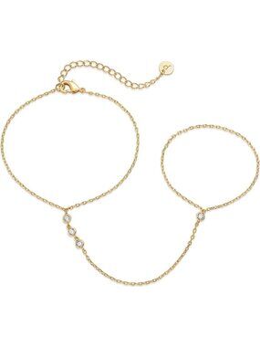 Elegant 14K Gold Plated Hand Chain Bracelet for Women, Adjustable Ring Design
